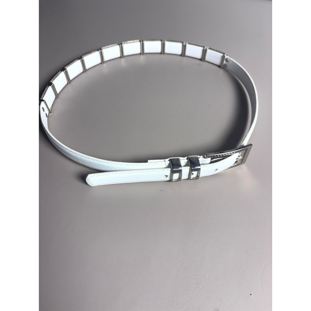 White Genuine Leather Belt with Silver Greek Key Accents Medium Large